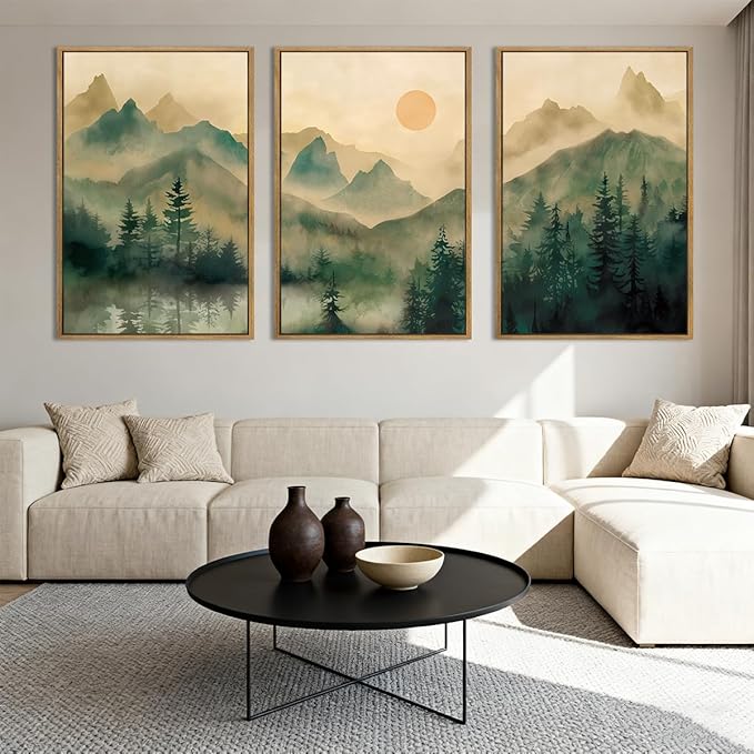 IARTTOP Extra Large Green Forest Wall Art 24x36 Inch Framed Foggy Mountain Canvas Art Prints Nature Landscape Wall Decor for Living Room Bedroom Office Set of 3
