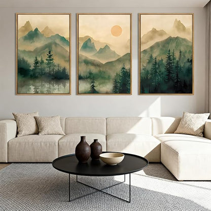 IARTTOP Extra Large Green Forest Wall Art 24x36 Inch Framed Foggy Mountain Canvas Art Prints Nature Landscape Wall Decor for Living Room Bedroom Office Set of 3