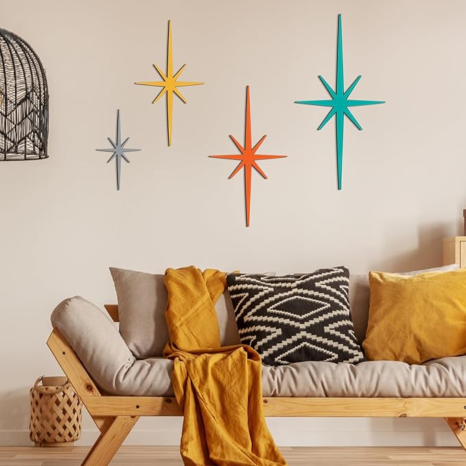 Blulu 4 Pcs Cast Iron Starburst Shaped Wall Decor Metal Mid Century Modern Decor Retro Atomic Stars Wall Art Elegance Accents Vintage Celestial Whimsigoth Hangings for Home Office Room(Retro)