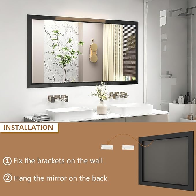 SMIROR Matte Black Bathroom Mirror for Over Sink 55x 40 inch, Metal Thick Frame Rectangle Vanity Mirror for Wall, Anti-Rust, Horizontally or Vertically Mounted