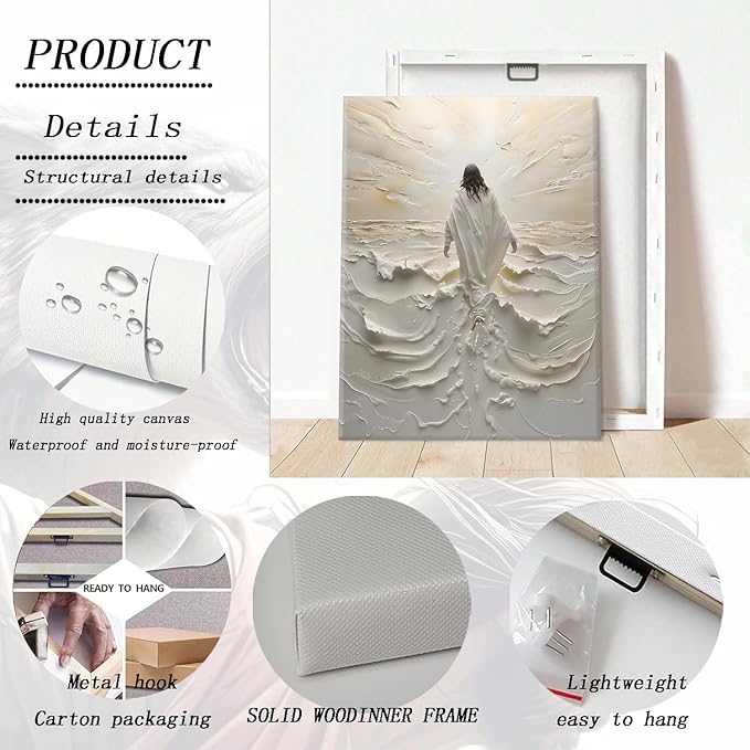 Abstract Jesus Walking on Water Canvas Wall Art Christian Spiritual Wall Decor Pictures Divine Light Modern Religious Posters Prints for Living Room Bedroom Prayer Room Home Decor 12x16 In canvas