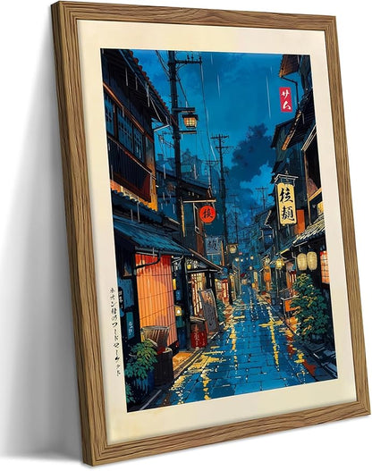 Framed Japanese Wall Art, Asian Tokyo Tea House Canvas Wall Decor Painting, Cool Japanese Night Posters Prints Pictures for Bedroom Living Room Bathroom Home Decor 16x24 Inch