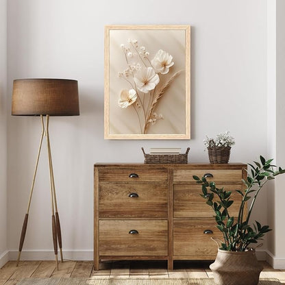 GELDSTEI Neutral Simple Beige Floral Canvas Wall Art, Modern Minimalist Botanical Wall Decor, Vintage Beige Flower Poster Prints for Living Room Bedroom Farmhouse Wood Framed Set of 3, Each 12x16 Inch