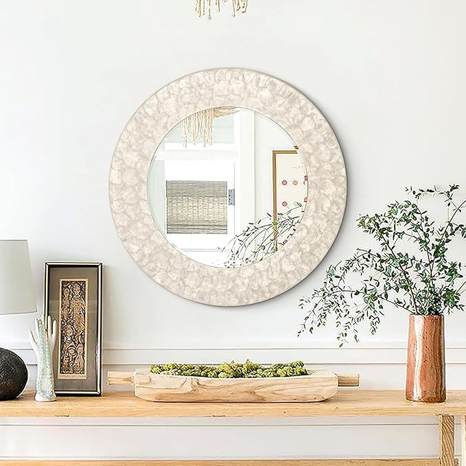Capiz Shell Round Mirror, 30'' Coastal Mirror with Natural Capiz Seashell Frame, Decorative Circle Wall Mirrors for Living Room Mantel Bathroom Entryway