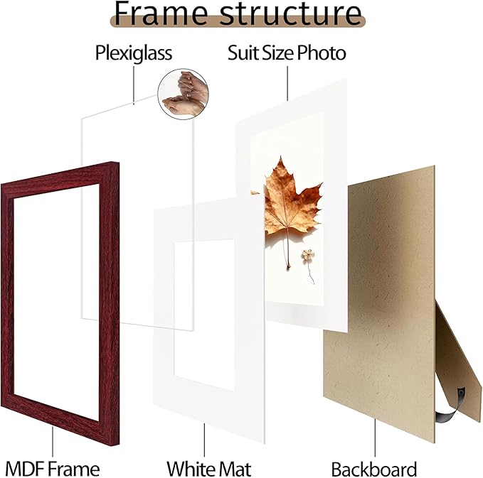 Picrit 8x8 Picture Frame Set of 12, Display 5x5 with Mat or 8 x 8 Without Mat, Photo Frames for Wall Mounting or Table Top Display, Dark Red Wood