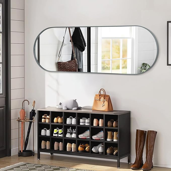 JJUUYOU Oval Full Length Bathroom Mirror 24"X48" Wall Mounted Mirrors Vanity Metal Frame Mirror Aluminum Alloy Frame Mirrors for Bedroom Entryway Living Room,Grey