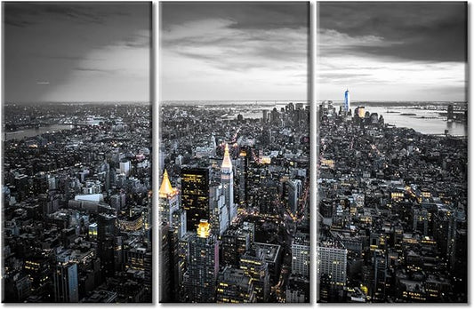 3 Panels Manhattan, New York Nighttime Lightscape Modern Home Decor Beautiful City Skyline Canvas Paintings for Bedroom, Living Room, Office. Posters and Prints Framed Ready to Hang (42"Wx28"H)
