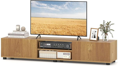 Tangkula Modern TV Stand for up to 70” TVs, 63”L Minimalist Entertainment Center w/ 2 Doors & Open Shelves, Media Console Table Storage Cabinet with 6 Support Feet for Living Room (Natural, 63”L)