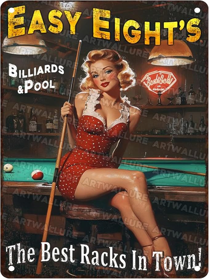 Retro Pin Up Girl Metal Sign Easy Eight's Vintage Man Cave Wall Art for Garage, Bar & Game Room 12x16 Inch Tin Poster