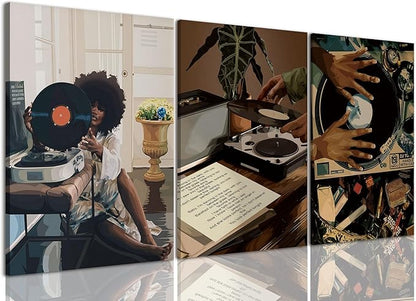 AOYUSMO 3 Piece Black Girl Wall Art African American Wall Decor Black Woman Canvas Art Fashion Music Pictures Dj Studio Paintings Trendy Artwork For Living Room Bedroom