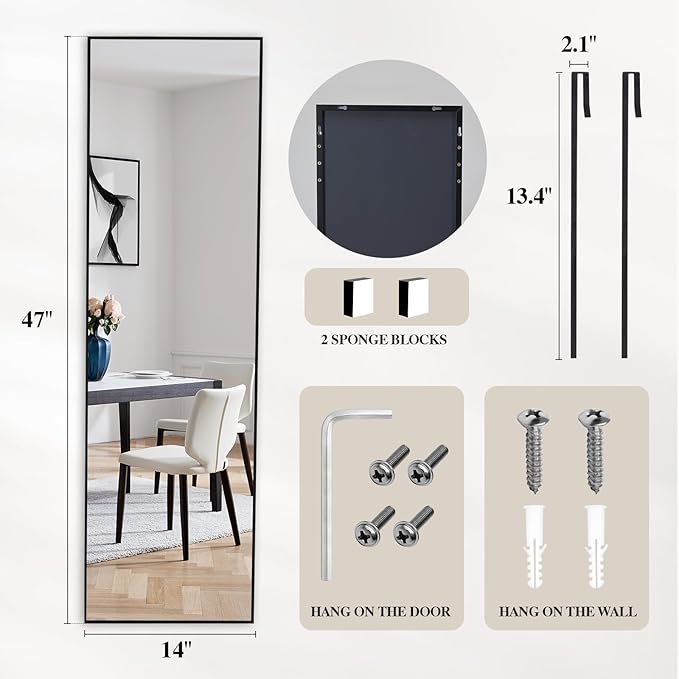 DUMOS 47x14 Full Length Mirror Over the Door, Wall Mounted Full Body Mirror, Door Hanging Metal Aluminum Alloy Frame Dressing Mirror for Bedroom, Living Room, Entryway, Black