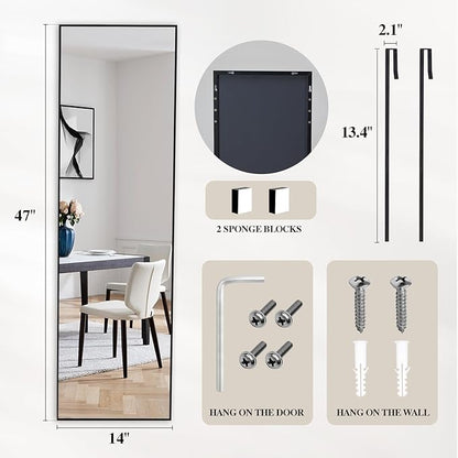 DUMOS 47x14 Full Length Mirror Over the Door, Wall Mounted Full Body Mirror, Door Hanging Metal Aluminum Alloy Frame Dressing Mirror for Bedroom, Living Room, Entryway, Black