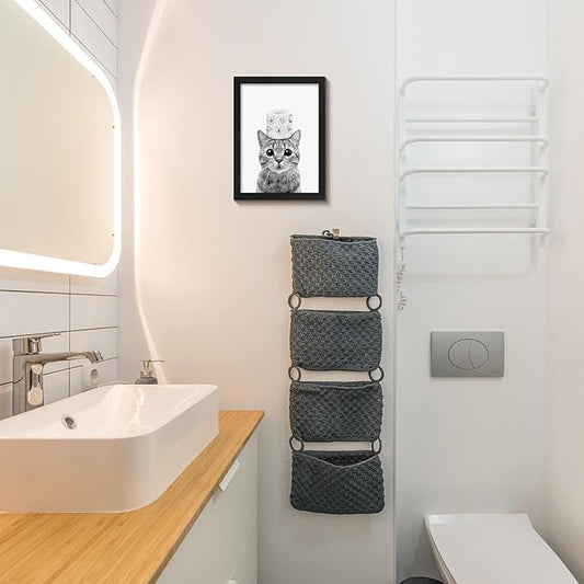 Toilet Paper Prints - Cute Cat Wall Decor - Funny Black and White Bathroom Pictures Canvas Art - Home Decor for Bathroom