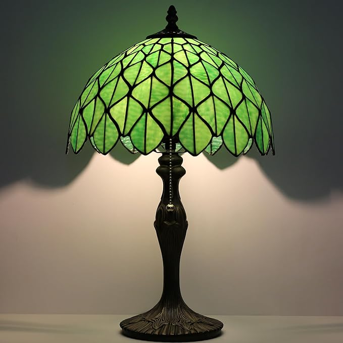 Tiffany Lamp Stained Glass Table Lamp 12 x 19” Green Maple Leaf Style Decorative Lamp Bedside Reading Light for Desk Living Room Bedroom Office Study Light Home Decor Gift