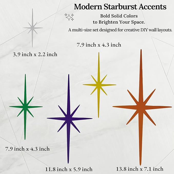 Merriva 5 Pack Colorful Metal Starburst Wall Decor, Mid Century Modern Retro Atomic Star Wall Art Sculptures, Whimsical Eclectic Home Decor for Living Room Bedroom and Playroom