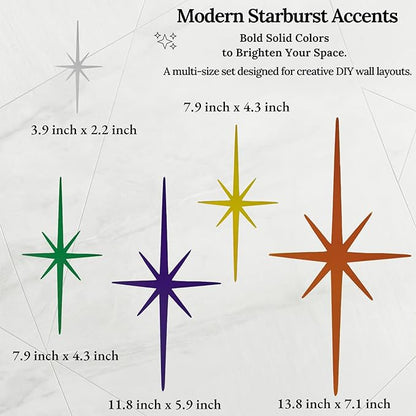 Merriva 5 Pack Colorful Metal Starburst Wall Decor, Mid Century Modern Retro Atomic Star Wall Art Sculptures, Whimsical Eclectic Home Decor for Living Room Bedroom and Playroom