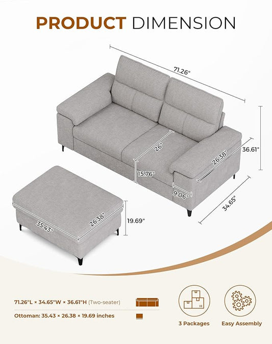 71.25" L Shaped Sectional Couches for Living Room, Deep Seat Sofa with Storage Ottoman & 8”Cushion, Comfy 2-Seater Chenille Loveseat, Convertible Armrest, Removable Cover for Small Space(Light Gray)