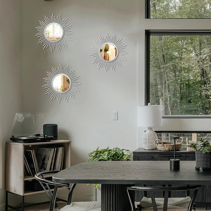 3 Set Sunburst Mirrors for Wall Decor Living Room Bedroom Bathroom Dining Room Metal Boho Sunburst Wall Mirror Set Gold Metal Vintage Circle Art Pack - Silver 11.8 in
