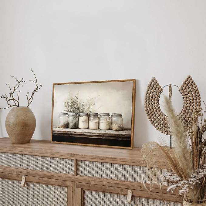 Floating Framed Kitchen Wall Art Vintage Mason Jar Wall Decor Rustic Farmhouse Culinary Still Life Canvas Prints Painting Botanical Herb Spice Poster Pictures for Dining Room Living Room 12x16 Inch