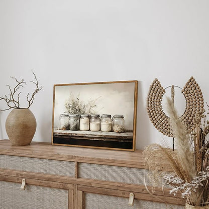 Floating Framed Kitchen Wall Art Vintage Mason Jar Wall Decor Rustic Farmhouse Culinary Still Life Canvas Prints Painting Botanical Herb Spice Poster Pictures for Dining Room Living Room 12x16 Inch