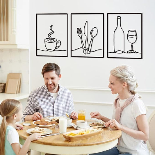 3 Pieces Metal Minimalist Line Kitchen Signs Wall Decor Drawing, Rustic Kitchen Art Wall Decor for Kitchen Dining Living Room Home, 14.2 x 11 Inches (Elegant)
