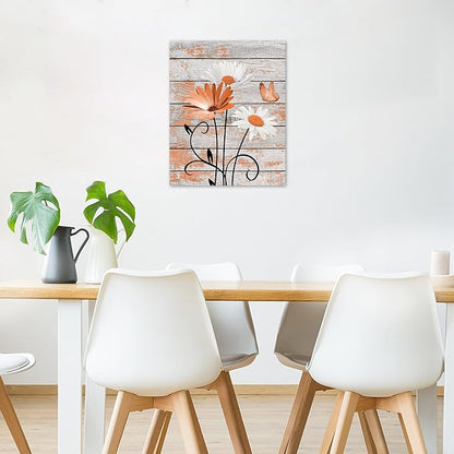 HVEST Vintage Floral Orange Canvas Wall Art Daisy and Butterfly on Farmhouse Wooden Wall Decor for Bedroom, Country Wildflower Framed Wall Art for Living Room Office Dorm Home Decor,20L X 16W inches