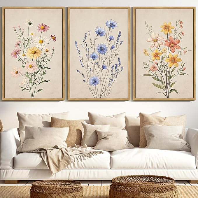 Drsoum Vintage Flower Bouquet Wall Art Framed Retro Bohemian Boho Colorful Floral Plant Rustic Artwork Nature Botanical Wildflower Prints Bedroom Living Room Ready to Hang 24x36in Natural Framed