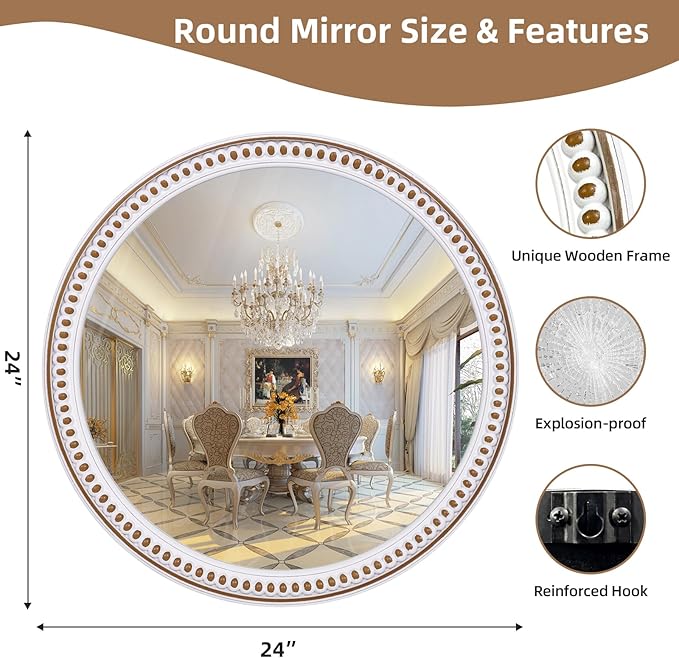 HOITUZYUS 24 Inch Rustic Round Wall Mirror, Farmhouse Wooden Circle Bathroom Vanity Mirror for Entryway, Living Room, Bedroom & Hallway Home Decor