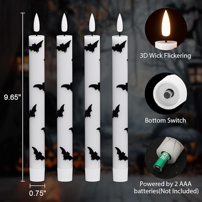 Halloween Flameless Taper Candles Battery Operated with Remote and Timer, Real Wax 3D Wick Flickering LED Taper Candle Bats Decals Dinner Table Halloween Decor(4 Pack, 0.78”D x 9.64”H)