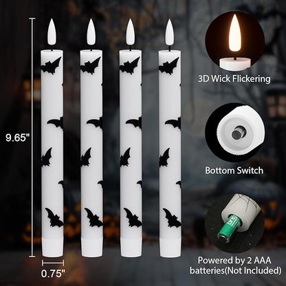 Halloween Flameless Taper Candles Battery Operated with Remote and Timer, Real Wax 3D Wick Flickering LED Taper Candle Bats Decals Dinner Table Halloween Decor(4 Pack, 0.78”D x 9.64”H)