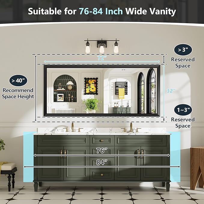 72x32 Inch Black Bathroom Mirror for Wall, Beveled Framed Rectangle Bathroom Vanity Mirrors for Over Sink, Bedroom, Living Room, Entryway, Anti-Rust, HD Tempered Glass, Horizontally/Vertically