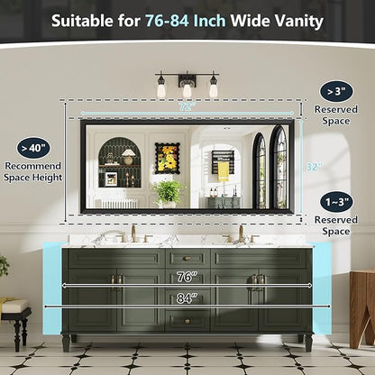 72x32 Inch Black Bathroom Mirror for Wall, Beveled Framed Rectangle Bathroom Vanity Mirrors for Over Sink, Bedroom, Living Room, Entryway, Anti-Rust, HD Tempered Glass, Horizontally/Vertically