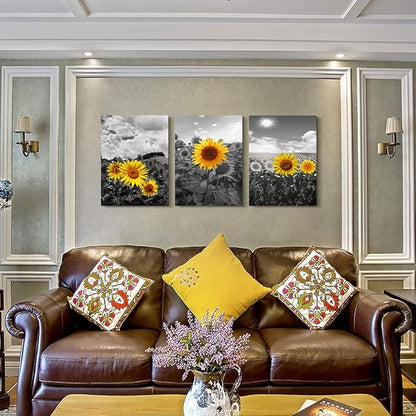 Large Size Canvas Wall Art For Living Room Family Bedroom Wall Painting Decoration,Bathroom Wall Decor Kitchen Home Decoration Black And White Sunflower Flowerswall Pictures Artwork,20x28 3 Piece