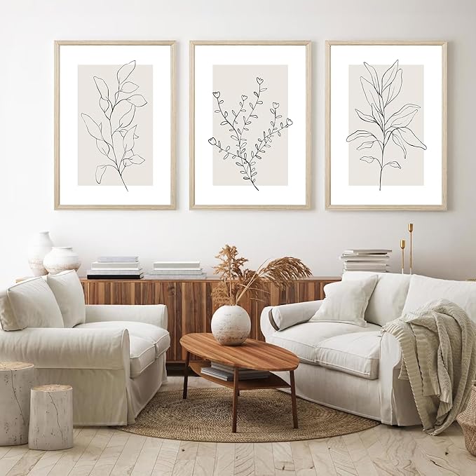 Neutral Botanical Prints Wall Art Decor Plant Minimalist Canvas Pictures Vintage Beige Wall Art Modern Farmhouse Line Poster Boho Abstract Painting Artwork for Bedroom 12x16 Inch Framed Set of 3