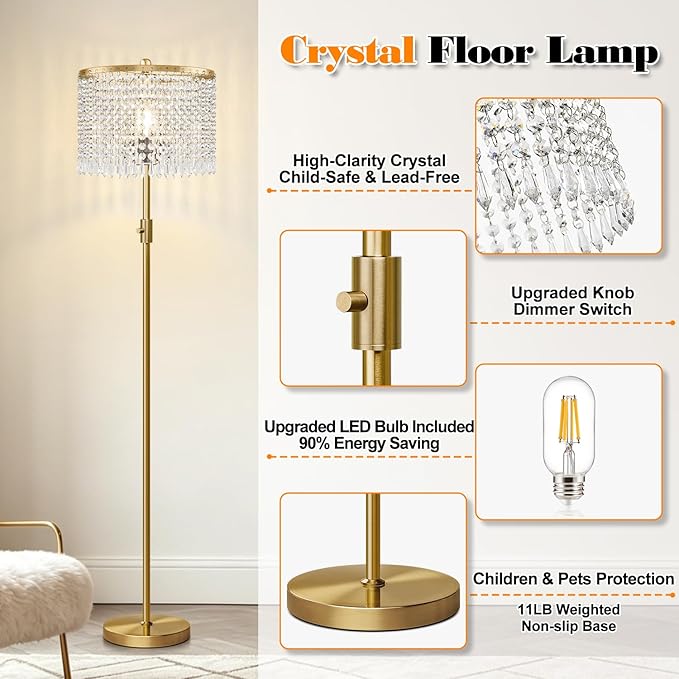【Upgraded】 Dimmable Crystal Floor Lamps for Living Room, 1000LM LED Bulb Included, Standing Lamp with Knob Switch, Tall Gold Pole Light for Bedroom Nursery Office Corner Reading