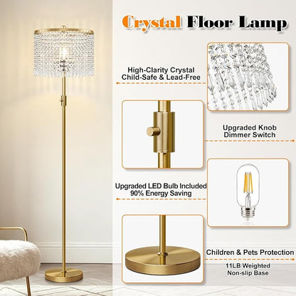 【Upgraded】 Dimmable Crystal Floor Lamps for Living Room, 1000LM LED Bulb Included, Standing Lamp with Knob Switch, Tall Gold Pole Light for Bedroom Nursery Office Corner Reading