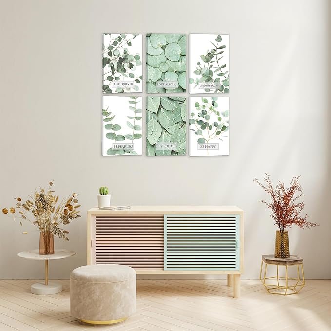 HoozGee Framed Inspirational Botanical Built-in Wooden Frame Canvas Wall Art Prints Tropical Leaves Wall Decor Motivational Sage Green Leaf Posters Room Decor (16"x24" FRAMED)