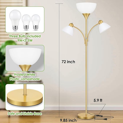 Coucrek Floor Lamp for Living Room,72" Dimmable Torchiere Lamp with 2 Reading Lights for Bedroom, Gold Tall Standing Room Lamp, 3 Bulbs Included