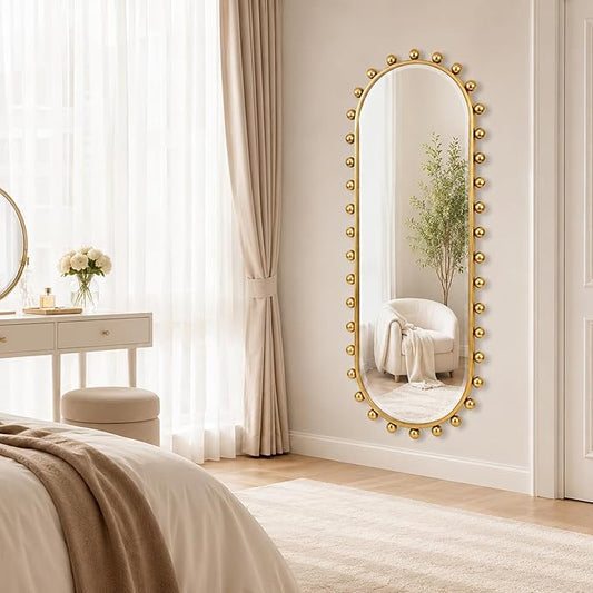 Oval Full-Length Wall Mounted Mirror 20" x 51", Antique Gold Beaded Beveled Mirror with Ball Frame, Vertical & Horizontal Hanging Wall Mirror for Bathroom, Bedroom, Dressing Room, Entryway