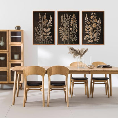 HLNIUC Vintage Botanical Fern Framed Canvas Wall Art Set,Black and Tan Plant Leaves Wall Decor,Modern Farmhouse Art Print,Neutral Minimalist Herb Floral Wall Painting for Living Room,Office - 24x36x3