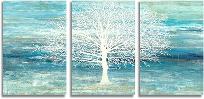 Yihui Arts Teal and Blue Canvas Wall Art - White Tree Paintings with Gold Foil - 3 Pieces Landscape Pictures for Living Room Bedroom Bathroom Decor
