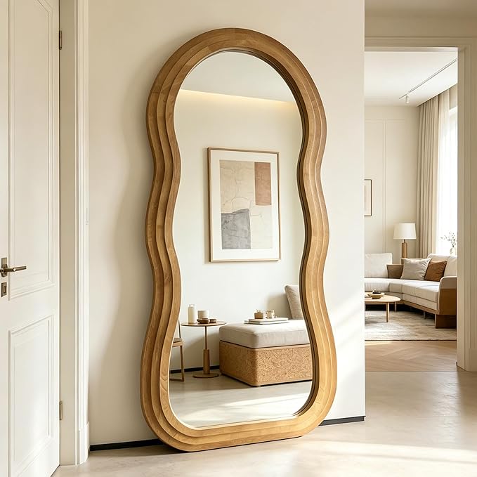 Wavy Full Length Mirror, 67"x31.5" Irregular Aesthetic Mirrors with Triple Layer Solid Wood Frame, Premium Organic Floor Mirror for Living Room Entryway Hallway Cloakroom, Leaning/Hanging