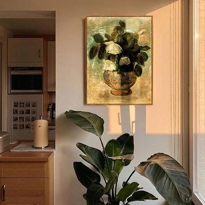 crmotu Vintage Framed Wall Art, White Rose Classical Oil Paintings, Botanical Floral Canvas Prints, French Country Aesthetic Pictures Wall Decor Living Room Bedroom Kitchen Office Farmhouse 12x16in