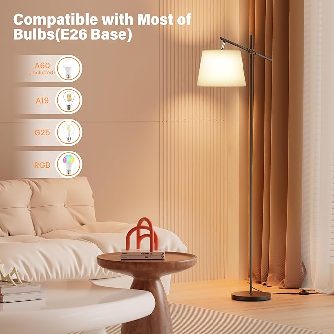 SIBRILLE Floor Lamp with Linen Shade, Dimmable Tall Standing Lamp with Remote Control & 3 Color Temperatures Bulb, Modern Swing Arm Floor Lamps for Living Room Bedroom Office Corner