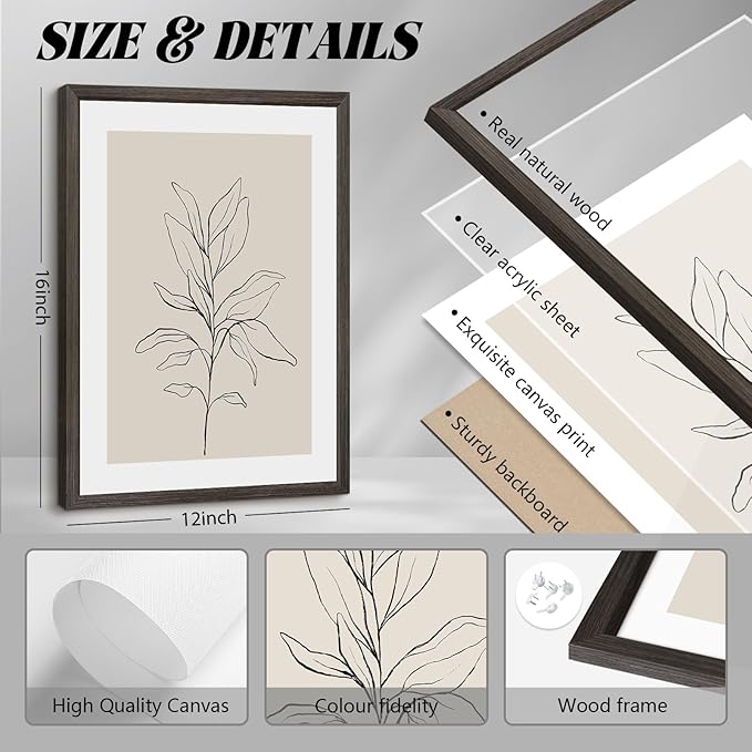 Botanical Wall Art Decor Neutral Wall Decor Boho Beige Canvas Wall Art Botanical Minimalist Pictures Neutral Prints Beige Posters Boho Artwork for Room Bedroom 12x16x3 Inch Wood Framed