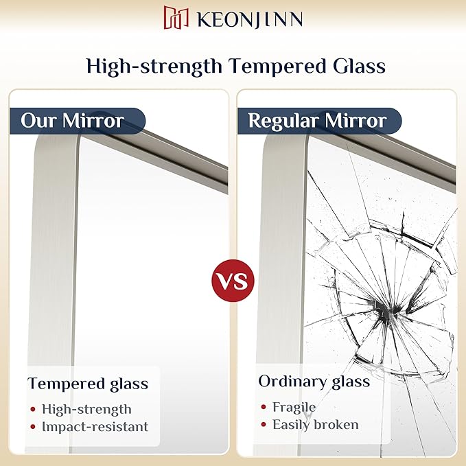 Keonjinn 48 x 30 Brushed Nickel Bathroom Mirrors for Over Sink, Large Rounded Rectangle Bathroom Vanity Mirror, Modern Decorative Silver Mirror, HD Tempered Glass Wall Mirror(Horizontal/Vertical)