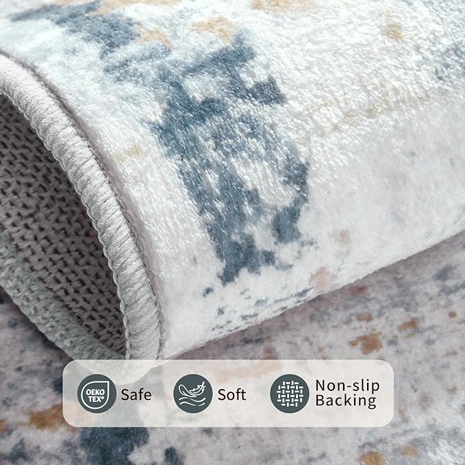 Rugxara 4x6 Rug for Living Room Bedroom, Grey Washable Throw Rugs, Abstract Area Rugs, Non Slip & Low Pile Accent Carpet for Indoor Dining Room, Kids Room and Office(Blue Beige)