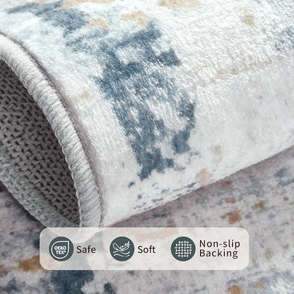 Rugxara 3x5 Washable Entryway Rug, Non Slip Boho Runner Rugs for Hallway, Entrance, Kitchen, Bathroom, Laundry Room, Soft Entryway Carpet, Throw Low Pile Retro Imitation Wool Carpet, Blue Beige