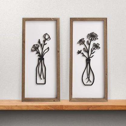 pechpell 3D Wooden Flower Wall Art With Wood Framed, 15.7×7.1 Inch Set of 2 Boho Black White Wall Vase For Floral Decor, Bathroom Bedroom Kitchen Rustic Farmhouse Home Artwork