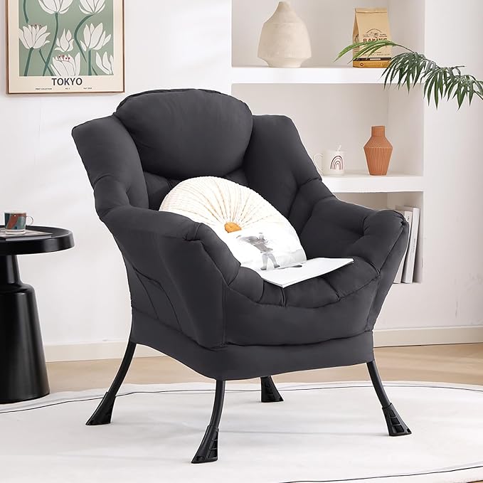 Lazy Chair, Large Accent Chair, Modern Comfy Armchair, Dark Grey Chair for Living Room Bedroom Dorm Room Office Apartment Reading Relaxing Use